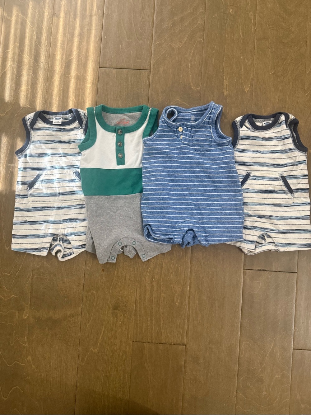 Baby Sleeveless One-Piece Rompers - Blue, Green & Gray Stripes